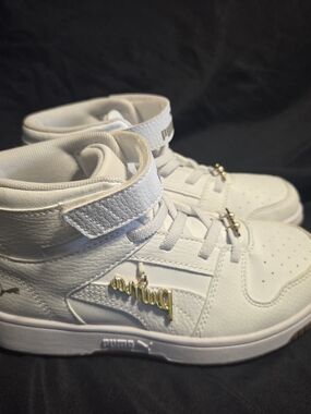 Puma Kids White High-Top Sneakers with Gold Charm